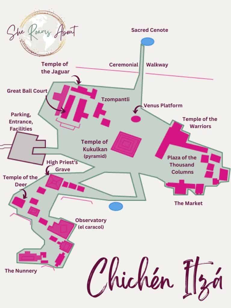 This map of Chichen Itza show the scale of the site and many buildings and ruins that can be visited.