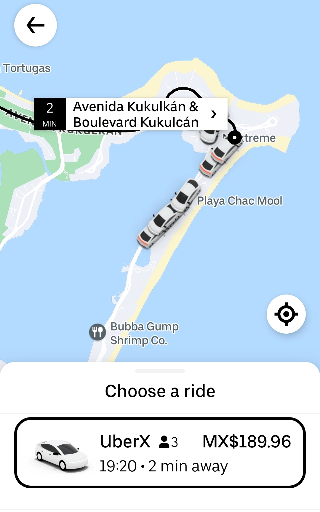 Uber map showing several available drivers in the Hotel Zone of Cancun.