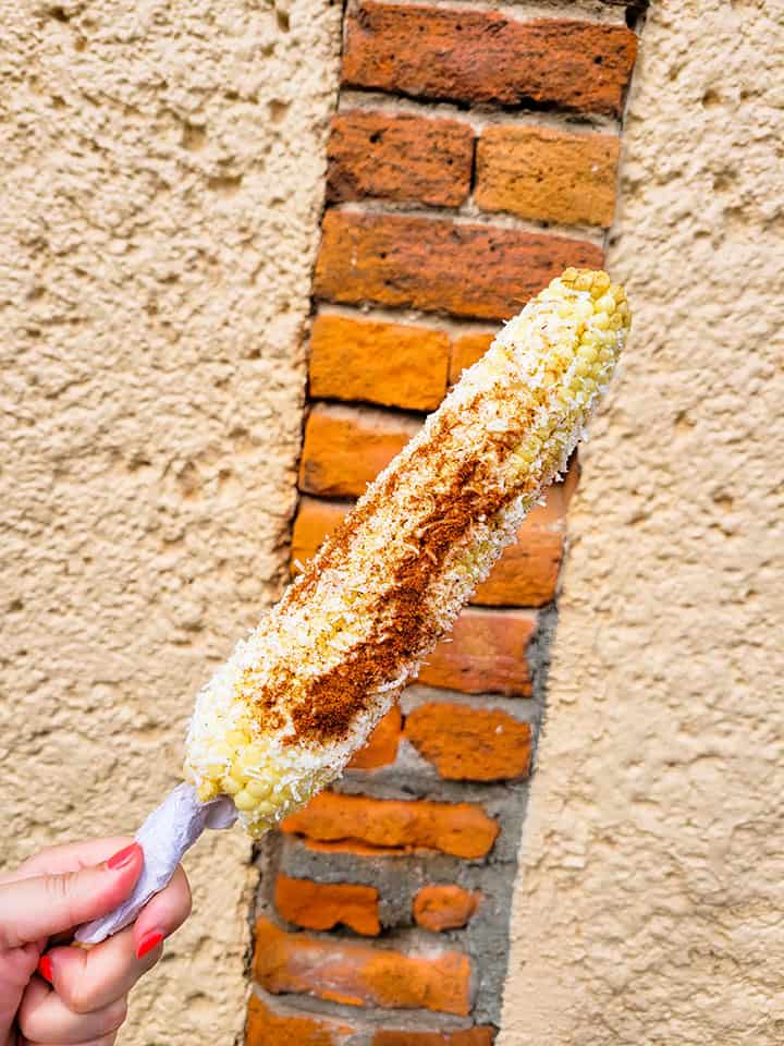 Ashlea holds Mexican street corn in front of a brick wall in Coyoacan, Mexico City.