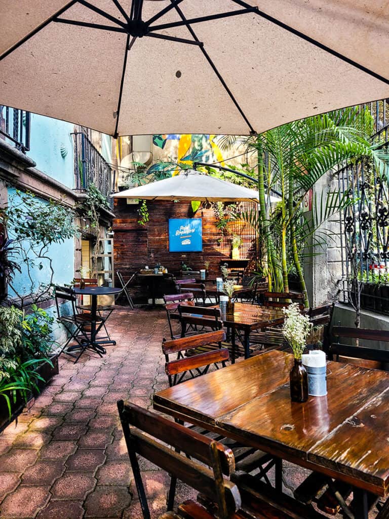 The sunny patio at Petit Roquefort restaurant in Colonia Juarez, Mexico City.